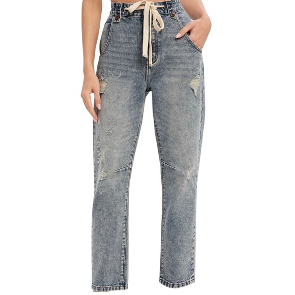 NWT Vintage Distressed Denim Drawstring Boyfriend Jeans - Picture 1 of 3